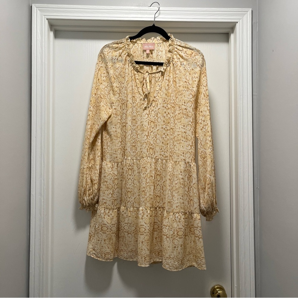 Show Me Your Mumu Snake Print Tunic Mini Dress Long Sleeve Tie Neck Boho M